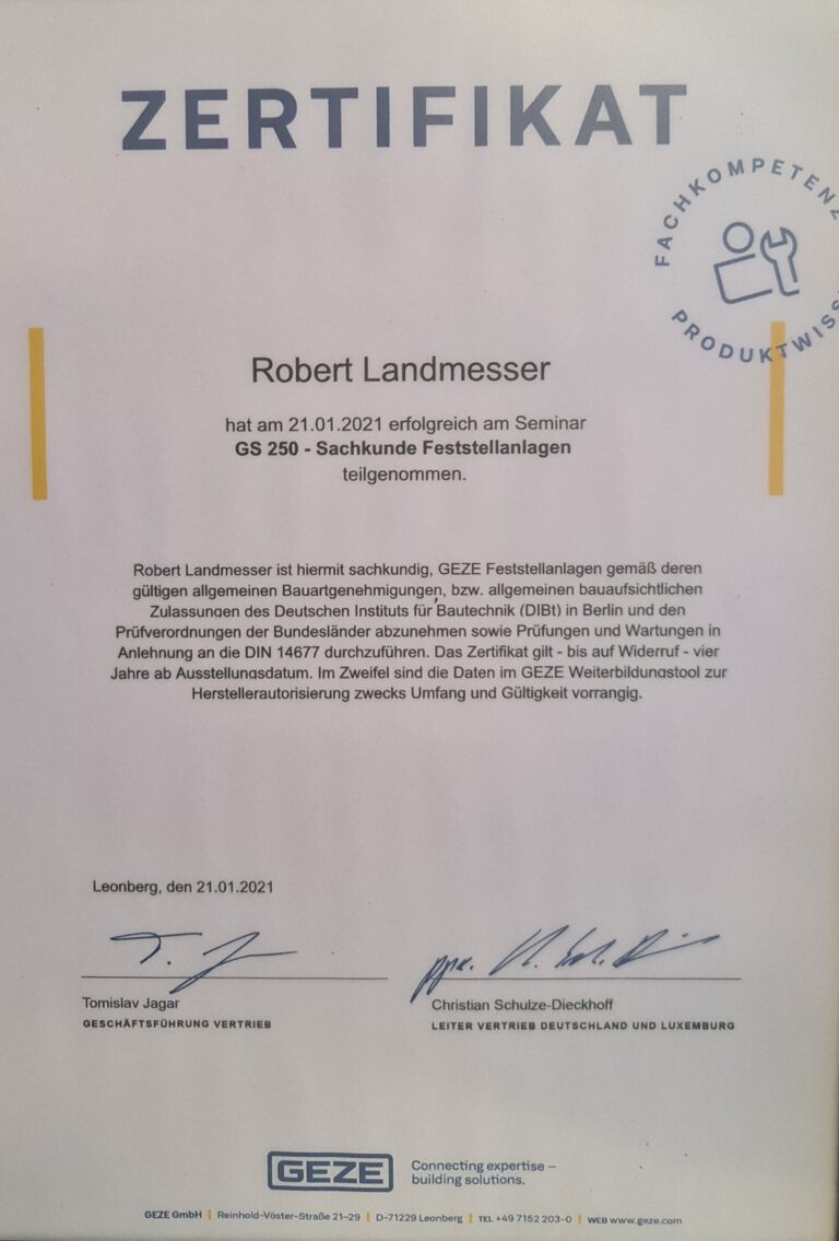 GEZE_Zertifikat_GS 250_Sachkunde Feststellanlagen_Landmesser, Robert.pdf