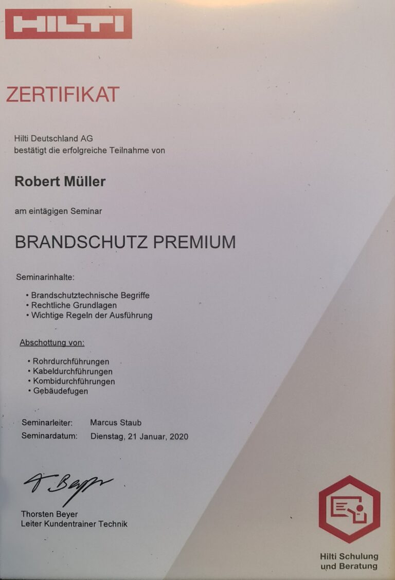 HILTI_Zertifikat_Brandschutz Durchführungen_Landmesser, Robert